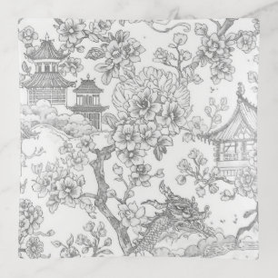 Chinoiserie Toile Dragon Cherry Blossom Ornamental Trinket Tray
