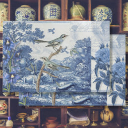 Chinoiserie Toile Floral Blue White Script Collage Tissue Paper
