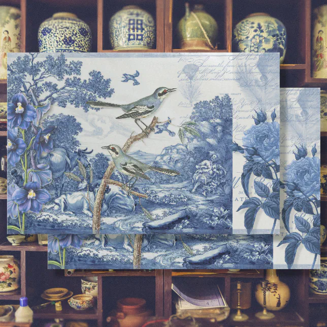 Chinoiserie Toile Floral Blue White Script Collage Tissue Paper | Zazzle