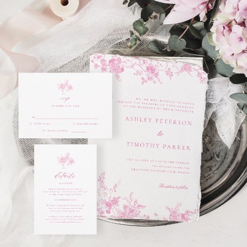 Chinoiserie Toile Pink Floral Wedding Invitation