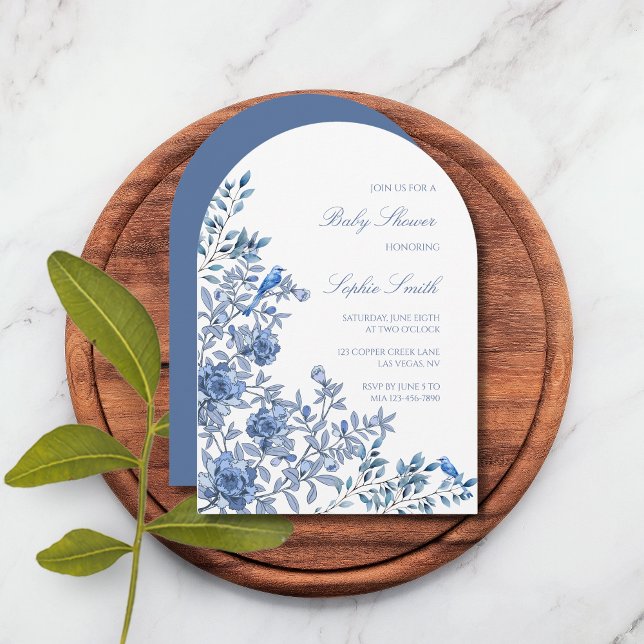 Chinoiserie Toile Soft Blue Floral Baby Shower Invitation (Creator Uploaded)