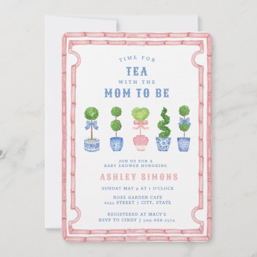 Chinoiserie Topiary Baby Shower  Pink Tea Party  Invitation