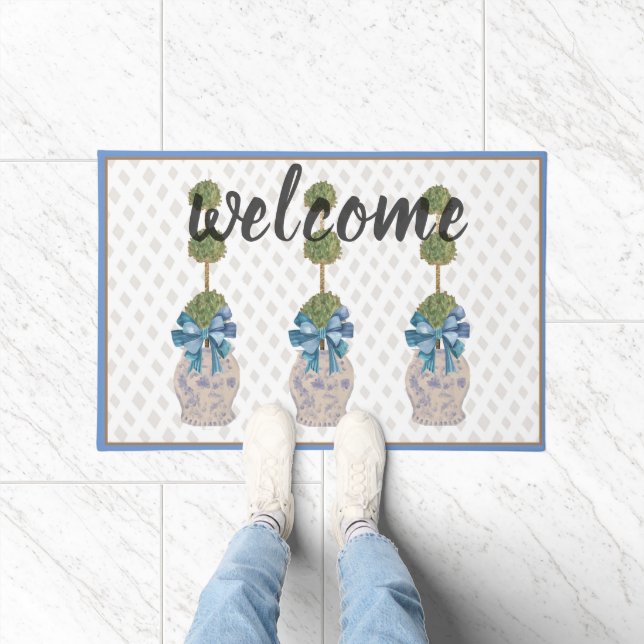 Chinoiserie Topiary Blue White Ginger Jar Doormat (Indoor)