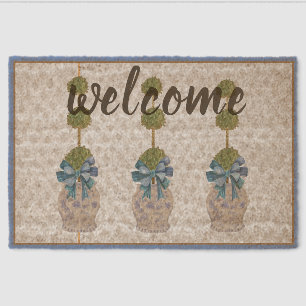 Chinoiserie Topiary Blue White Ginger Jar Doormat Fiber Doormat