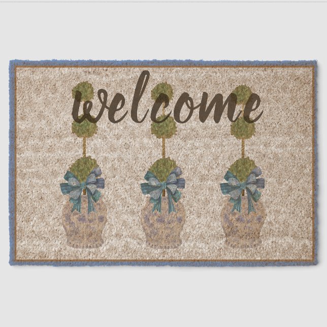 Chinoiserie Topiary Blue White Ginger Jar Doormat Fiber Doormat (Front)