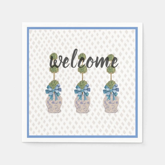 Chinoiserie Topiary Blue White Ginger Jar Doormat Napkins (Front)