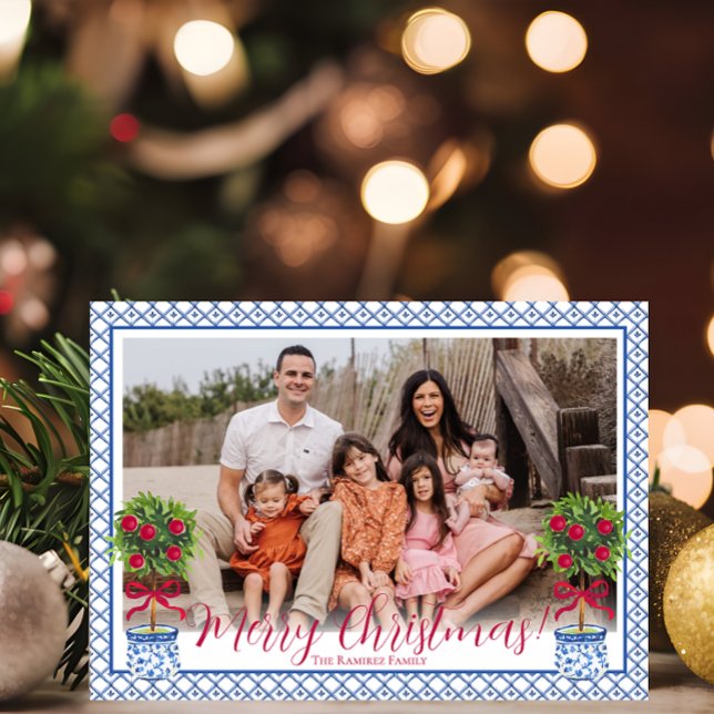 Chinoiserie Topiary Custom Photo Flat Holiday Card (Creator Uploaded)