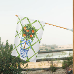 Chinoiserie Topiary, Ginger Jar Orange Tree House Flag