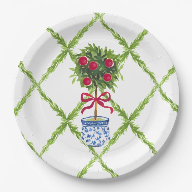 Chinoiserie Topiary, Grandmillenial Holiday Paper Plates (Front)