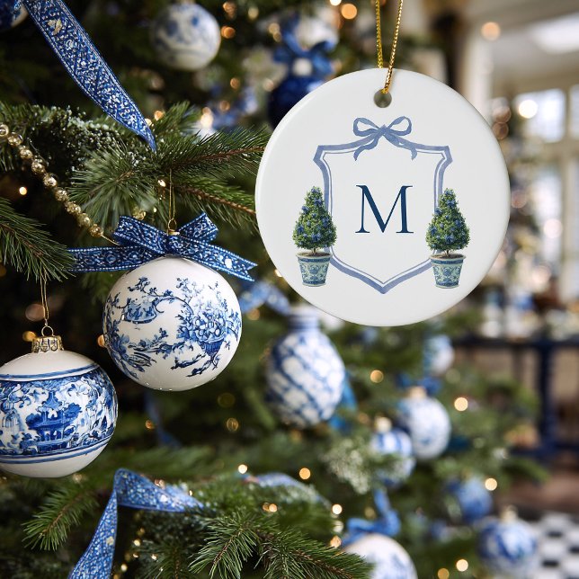 Chinoiserie Topiary Monogrammed Crest Christmas Ceramic Ornament (Topiary Monogram Christmas Ornament)