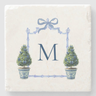 Chinoiserie Topiary Monogrammed Crest Stone Coaster