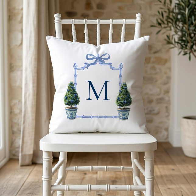 Chinoiserie Topiary Monogrammed Crest Throw Pillow (Topiary Crest Monogram Pillow)