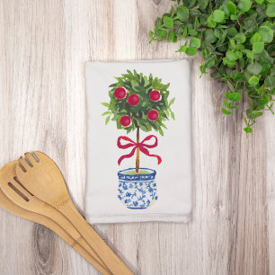 Chinoiserie Topiary Red Bow Kitchen Towel