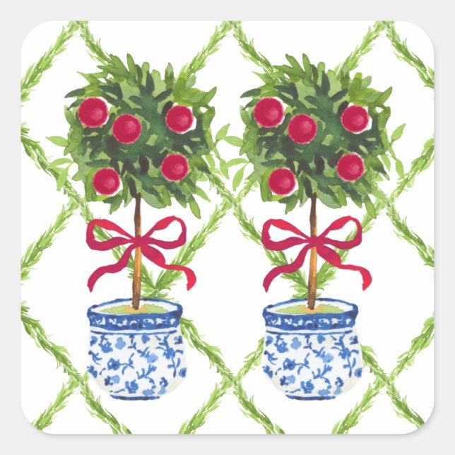 Chinoiserie Topiary Red Christmas  Square Sticker (Front)