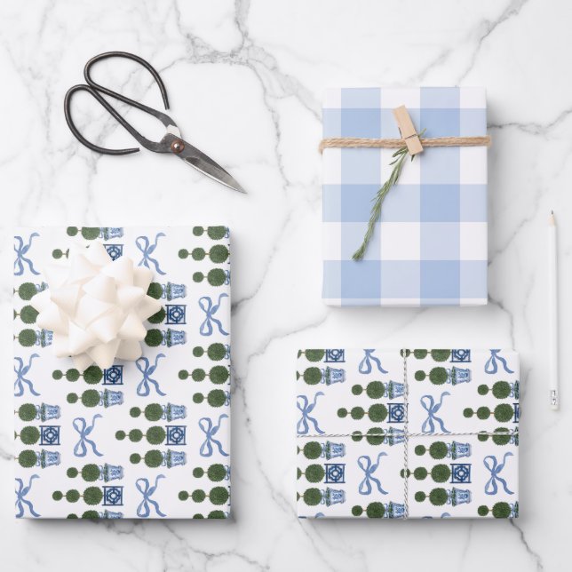 Chinoiserie Topiary Tree Blue Bow and Gingham Wrapping Paper Sheets (Front)