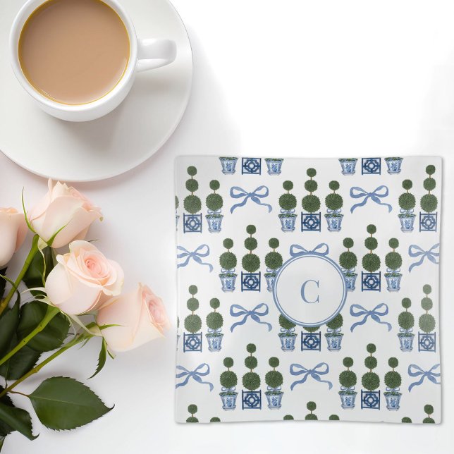 Chinoiserie Topiary Tree Blue Bow Trinket Tray (Topiary Tree Chinoiserie Trinket Tray
)