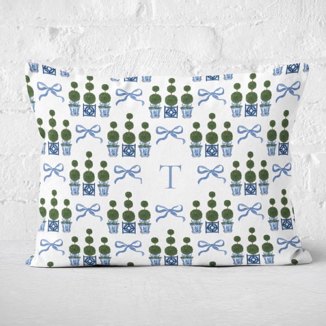 Chinoiserie Topiary Tree Bow Monogrammed Accent Pillow (Topiary Tree Bow Monogram Lumbar Pillow)