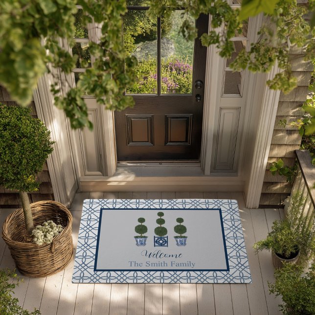 Chinoiserie Topiary Tree Custom Name Welcome Doormat (Topiary tree personalized chinoiserie doormat grandmillennial)