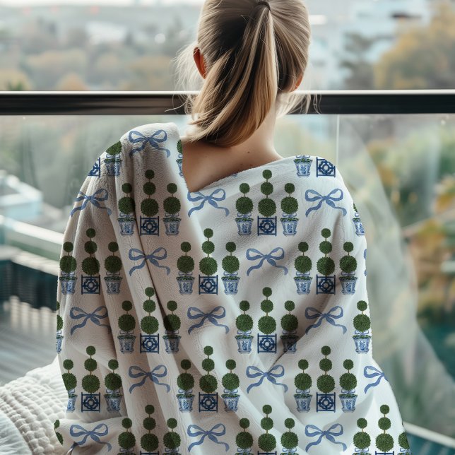 Chinoiserie Topiary Tree Monogram  Fleece Blanket (Topiary Tree Blanket)