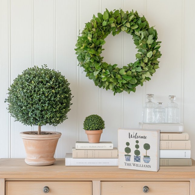 Chinoiserie Topiary Tree Trio Distressed Wooden Box Sign (personalized topiary tree wooden box sign custom name)