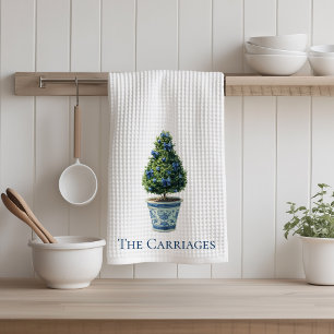 Chinoiserie Topiary Tree with Blue Bows Kitchen Towel