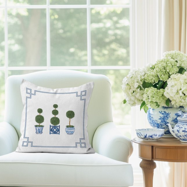 Chinoiserie Topiary Tree with Bows Throw Pillow (Chinoiserie Topiary Tree Pillow)