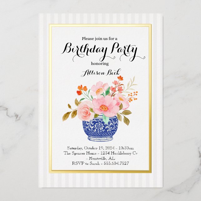 Chinoiserie vase invitation foil invitation (Front)