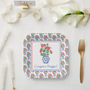 Chinoiserie Vase of Red Geraniums Paper Plates