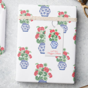 Chinoiserie Vase of Red Geraniums Personalized Gift Tags
