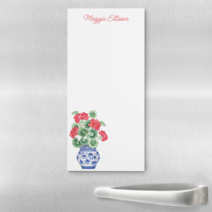 Chinoiserie Vase of Red Geraniums Personalized Magnetic Notepad