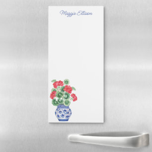 Chinoiserie Vase of Red Geraniums Personalized Magnetic Notepad