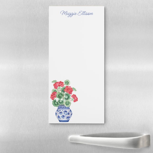 Chinoiserie Vase of Red Geraniums Personalized Magnetic Notepad (In Situ)