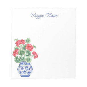 Chinoiserie Vase of Red Geraniums Personalized Notepad