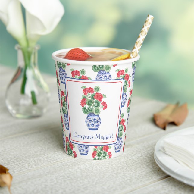 Chinoiserie Vase of Red Geraniums Personalized Paper Cups (Insitu)