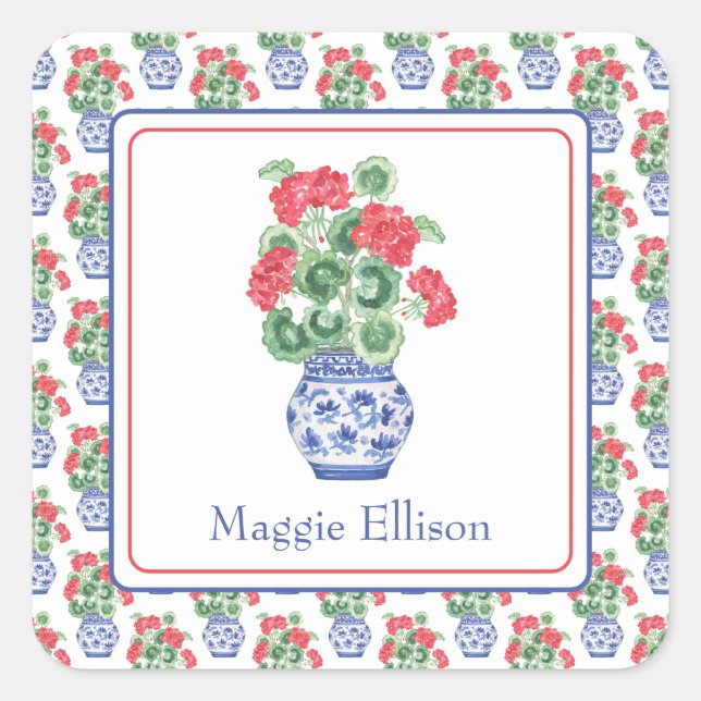 Chinoiserie Vase of Red Geraniums Square Sticker (Front)