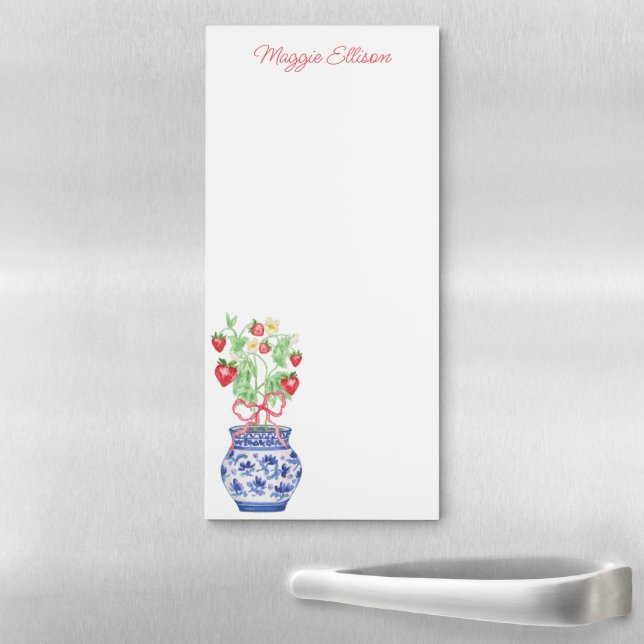 Chinoiserie Vase of Red Strawberries Personalized Magnetic Notepad (In Situ)