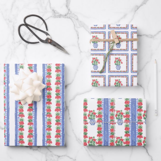 Chinoiserie Vases of Red Geraniums Wrapping Paper Sheets (Front)