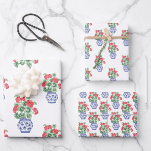 Chinoiserie Vases of Red Geraniums Wrapping Paper Sheets