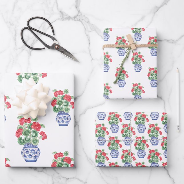Chinoiserie Vases of Red Geraniums Wrapping Paper Sheets (Front)