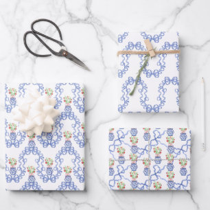 Chinoiserie Vases of Red Strawberries and Blue Bow Wrapping Paper Sheets