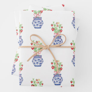 Chinoiserie Vases of Red Strawberries Wrapping Paper Sheets