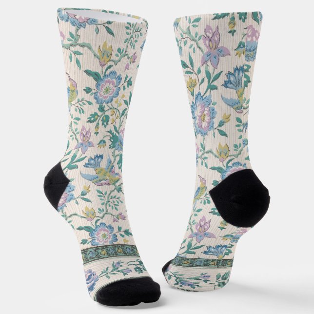 Chinoiserie Vintage Bird Floral Pastel Pattern Socks (Angled)
