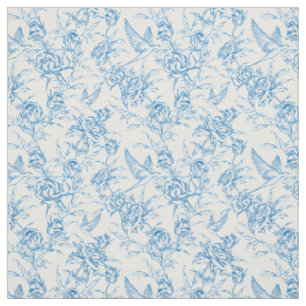 Chinoiserie Vintage Blue Rose Floral Bird  Fabric