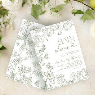 Chinoiserie Vintage Floral Sage Green Baby Shower Invitation