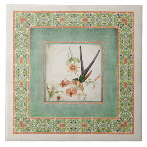 Chinoiserie Vintage Hummingbirds n Flowers Coral Ceramic Tile