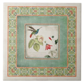 Chinoiserie Vintage Hummingbirds N Flowers Coral Ceramic Tile by AudreyJeanne at Zazzle