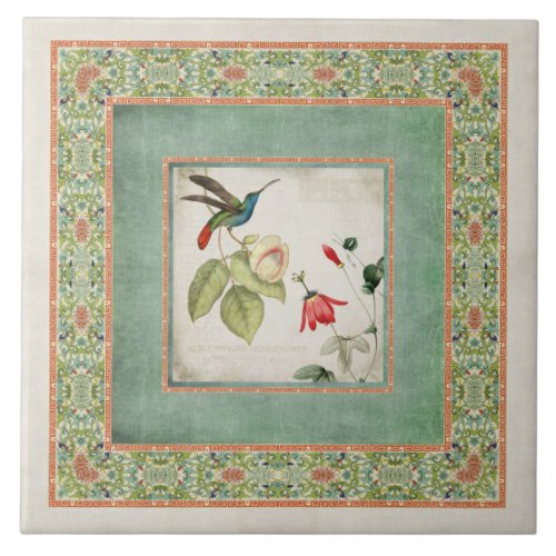 Chinoiserie Vintage Hummingbirds n Flowers Coral Ceramic Tile