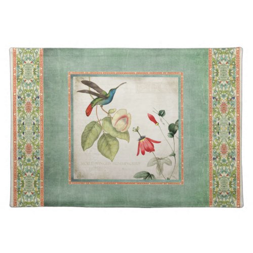 Chinoiserie Vintage Hummingbirds n Flowers Coral Cloth Placemat