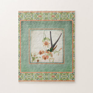 Chinoiserie Vintage Hummingbirds n Flowers Coral Jigsaw Puzzle