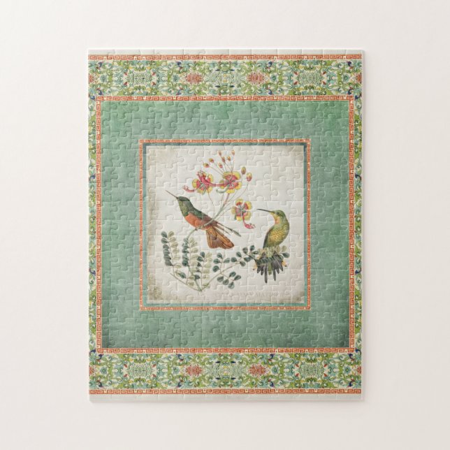 Chinoiserie Vintage Hummingbirds n Flowers Coral Jigsaw Puzzle (Vertical)